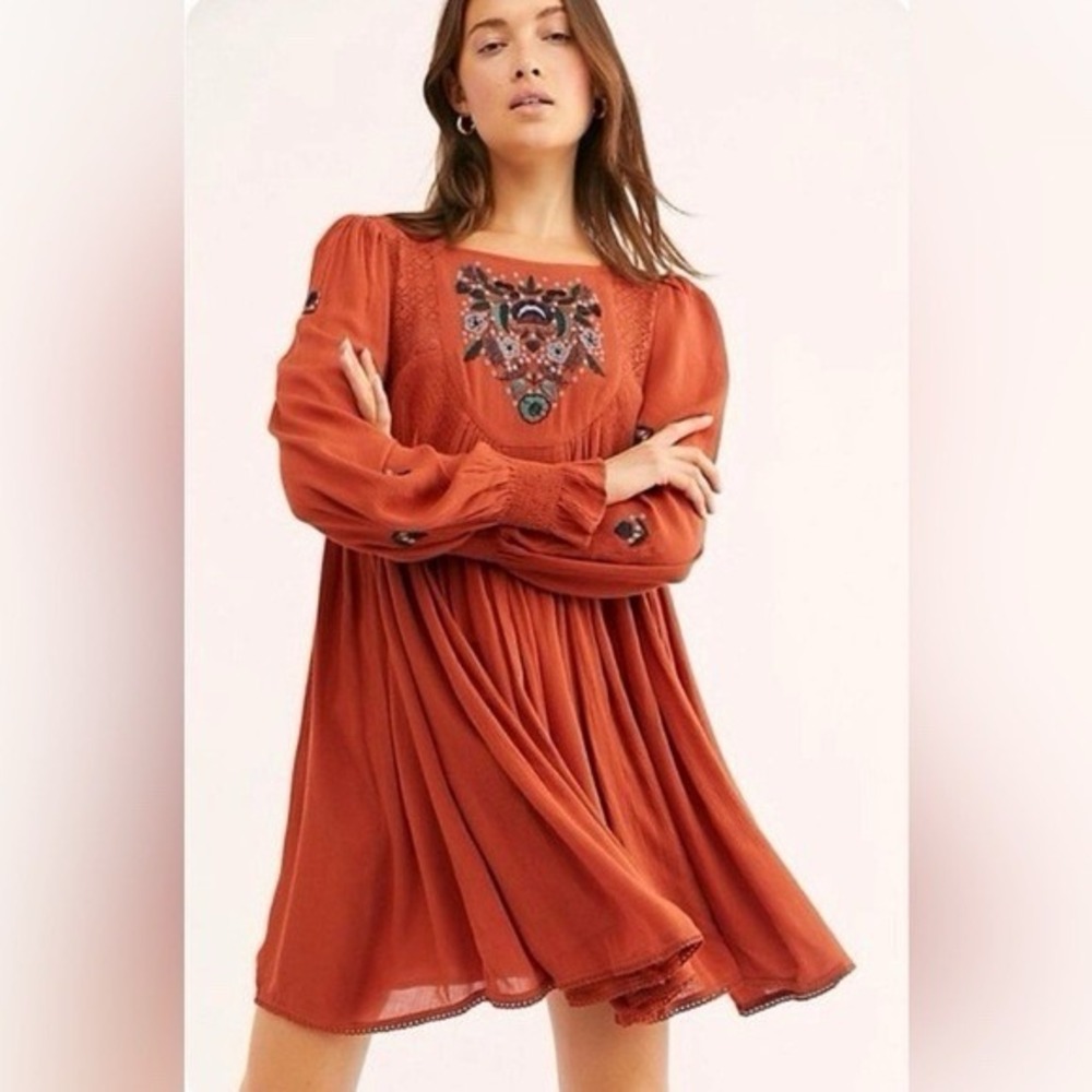 Free People Desert Dreams Embroidered Mini Dress Orange Boho Babydoll Size M